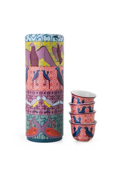 Images d' Orient Tin Box With 4 Coffee Cup Porcelain Birds of Paradise 60 ml