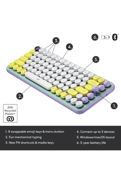 Logitech POP Keys Mechanical Wireless Keyboard with Customizable Emoji - Daydream Mint