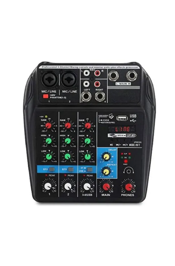 DJ Mixer 4 Channels Mixing Console Effects Processor with Sound Card